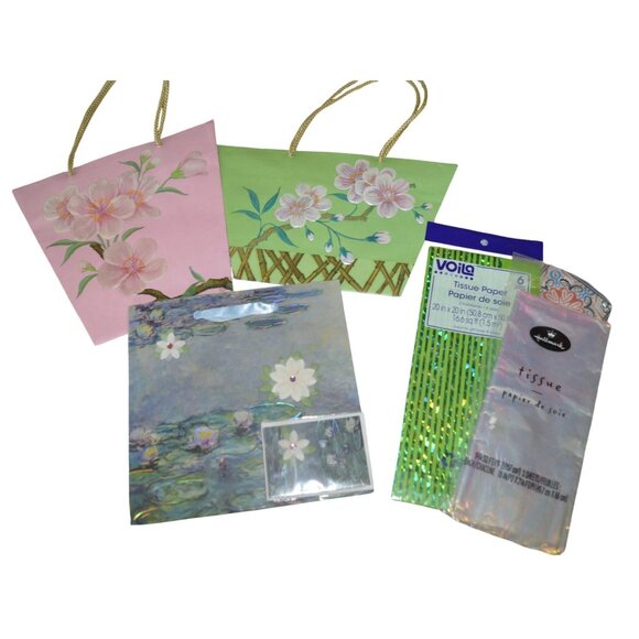 Retro Floral Gift Bag Tissue Party Bundle of 5 Pieces Pink Green Blue Iridescent - Picture 1 of 3